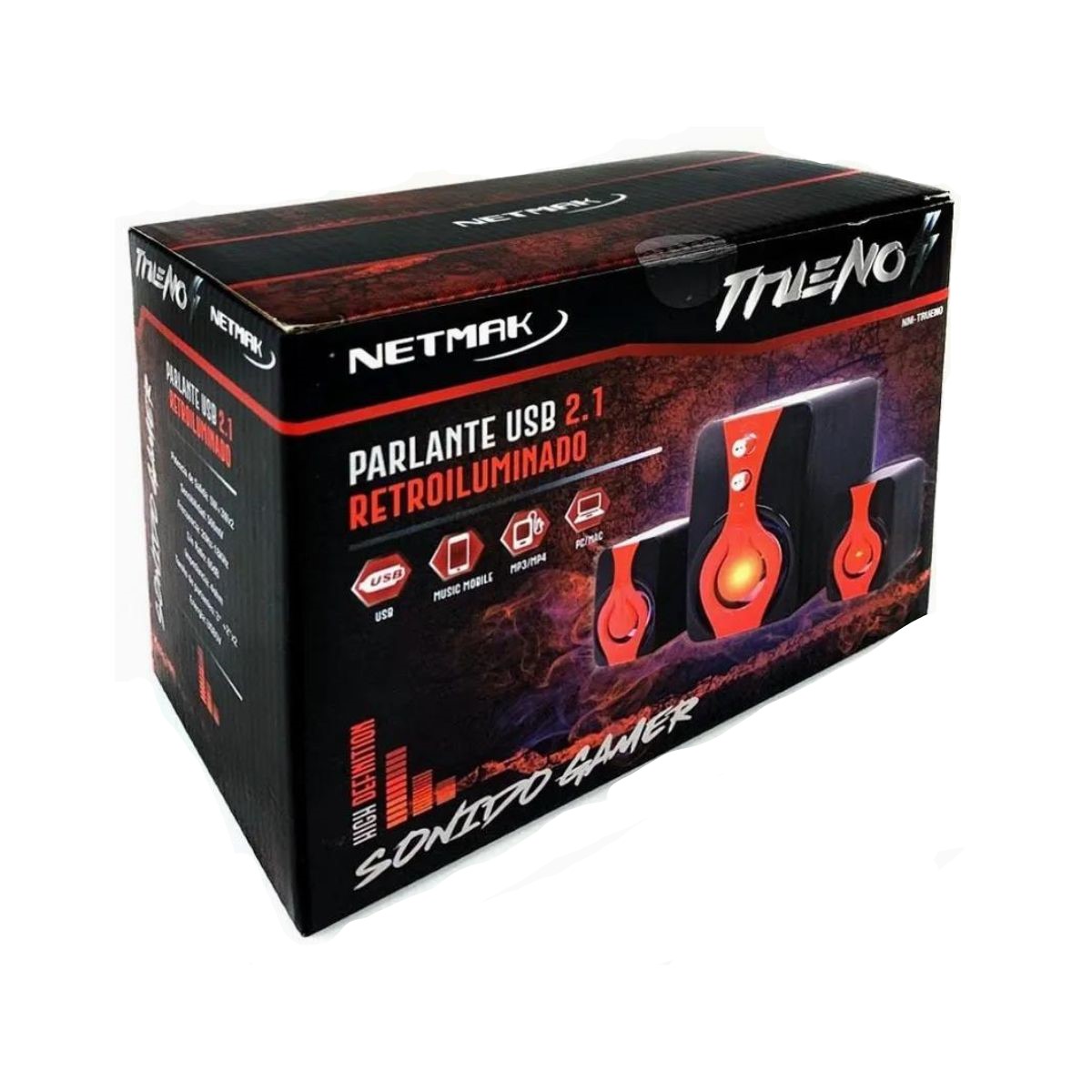 Parlantes Pc Usb Trueno Negro/Rojo Retroiluminado Netmak