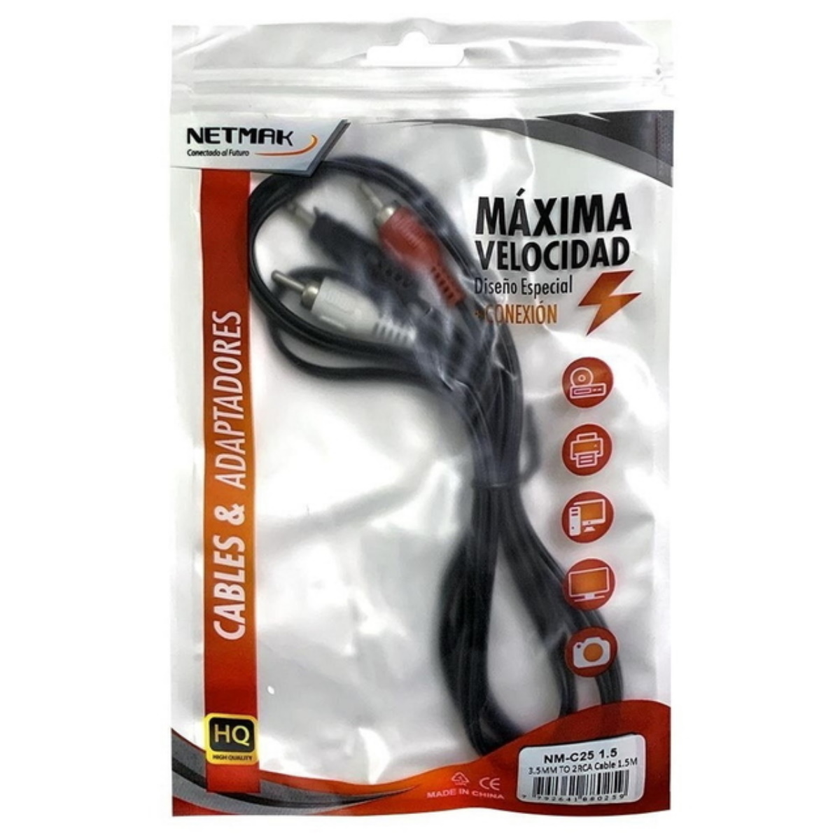 Cable Audio Auxiliar Plug 3.5mm a 2 RCA de 1.5m Netmak