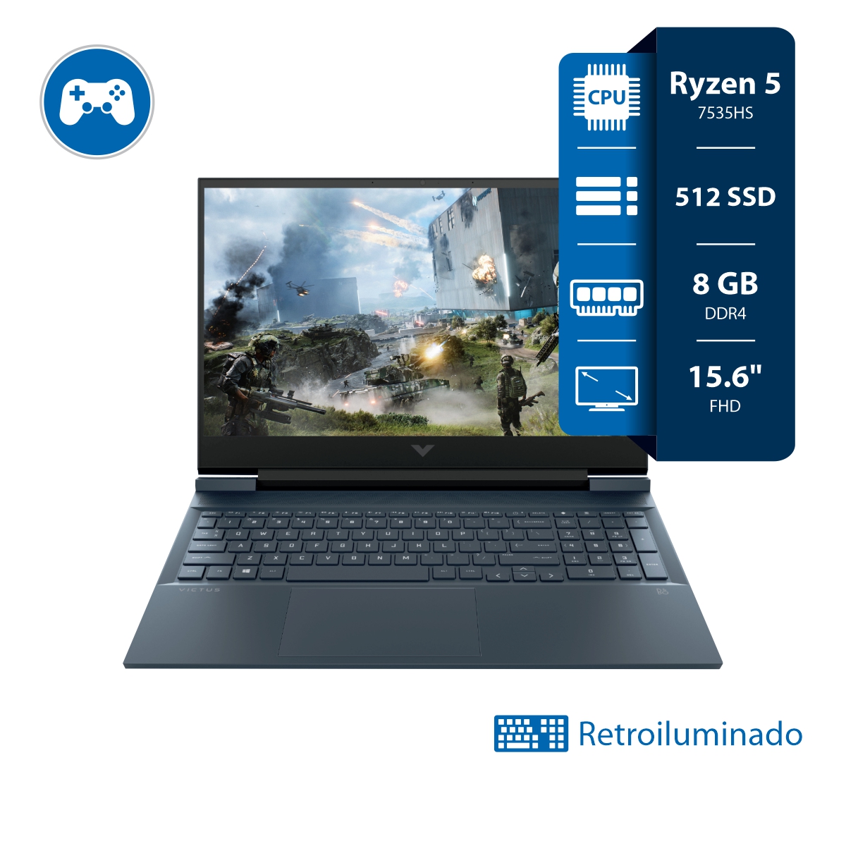 Notebook HP Victus Gamer Ryzen 5 7535HS - 8GB - 512SSD - 15.6" FHD - RX 6550M - Teclado retroiluminado + W11