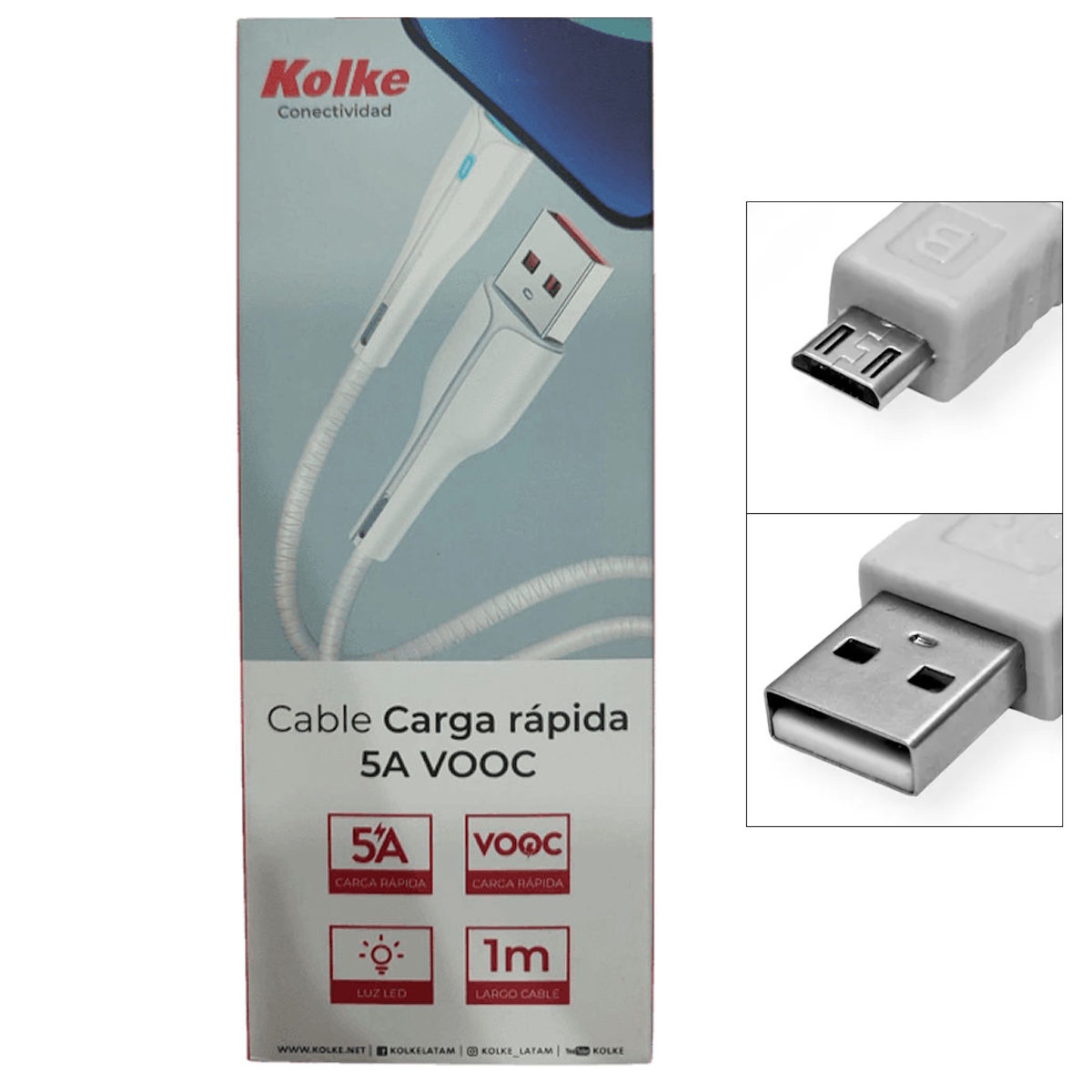 Cable MicroUSB a USB Carga Rapida 5A Led 1m Blanco KCC-1551 Kolke