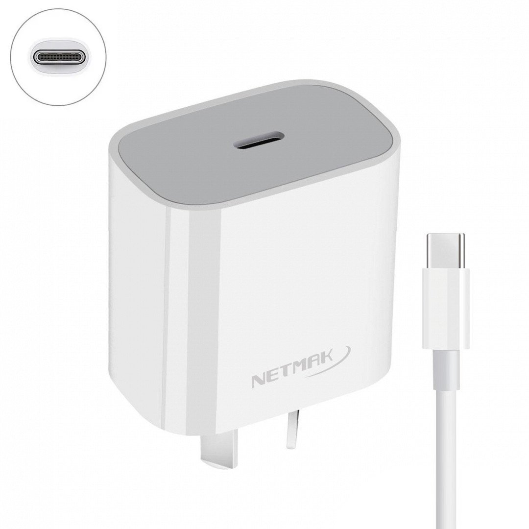 Cargador USB C 20W Carga Rapida + Cable USB C Blanco NM-CP8 Netmak