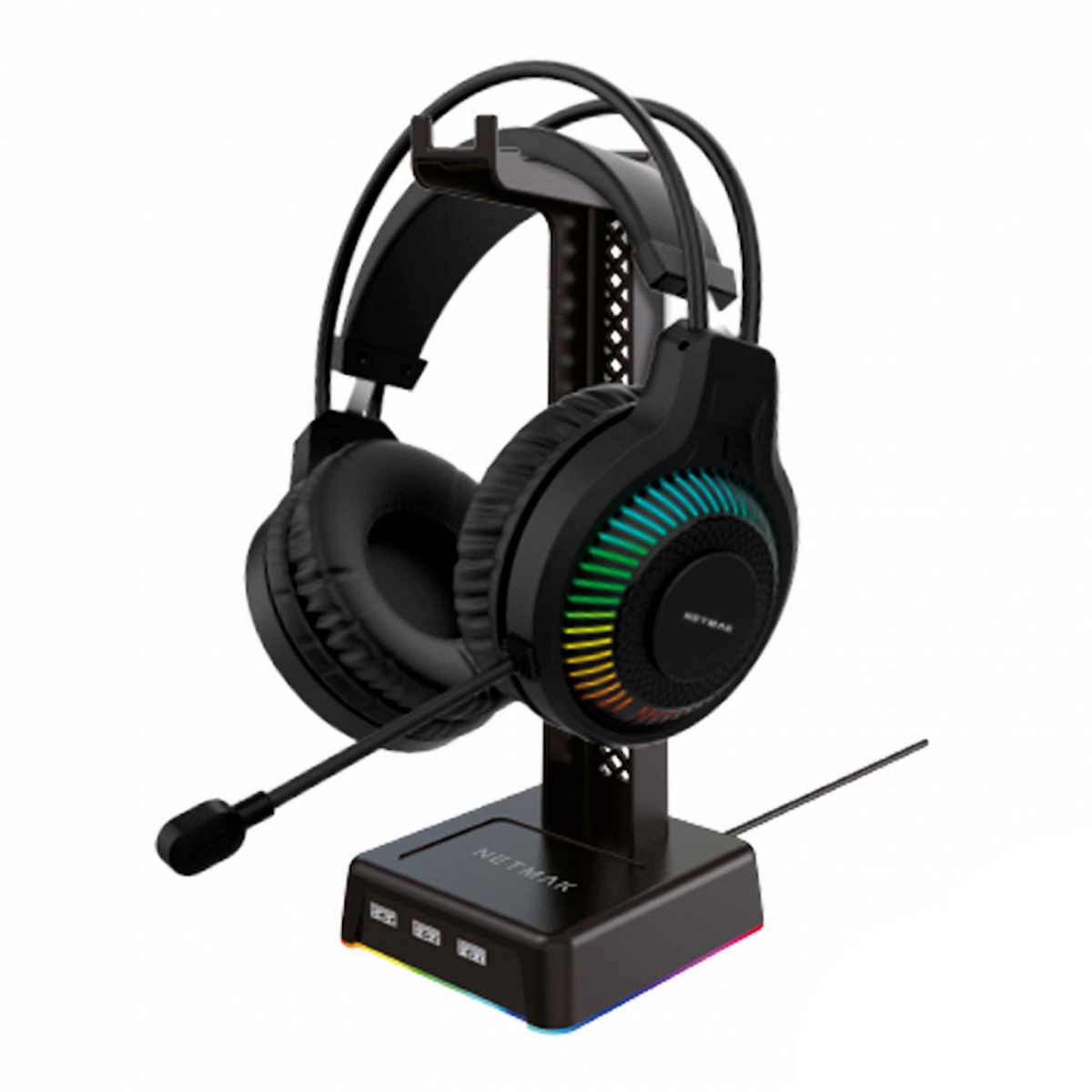 Soporte Auricular RGB + 3 Puertos USB Negro NM-HS430 Netmak