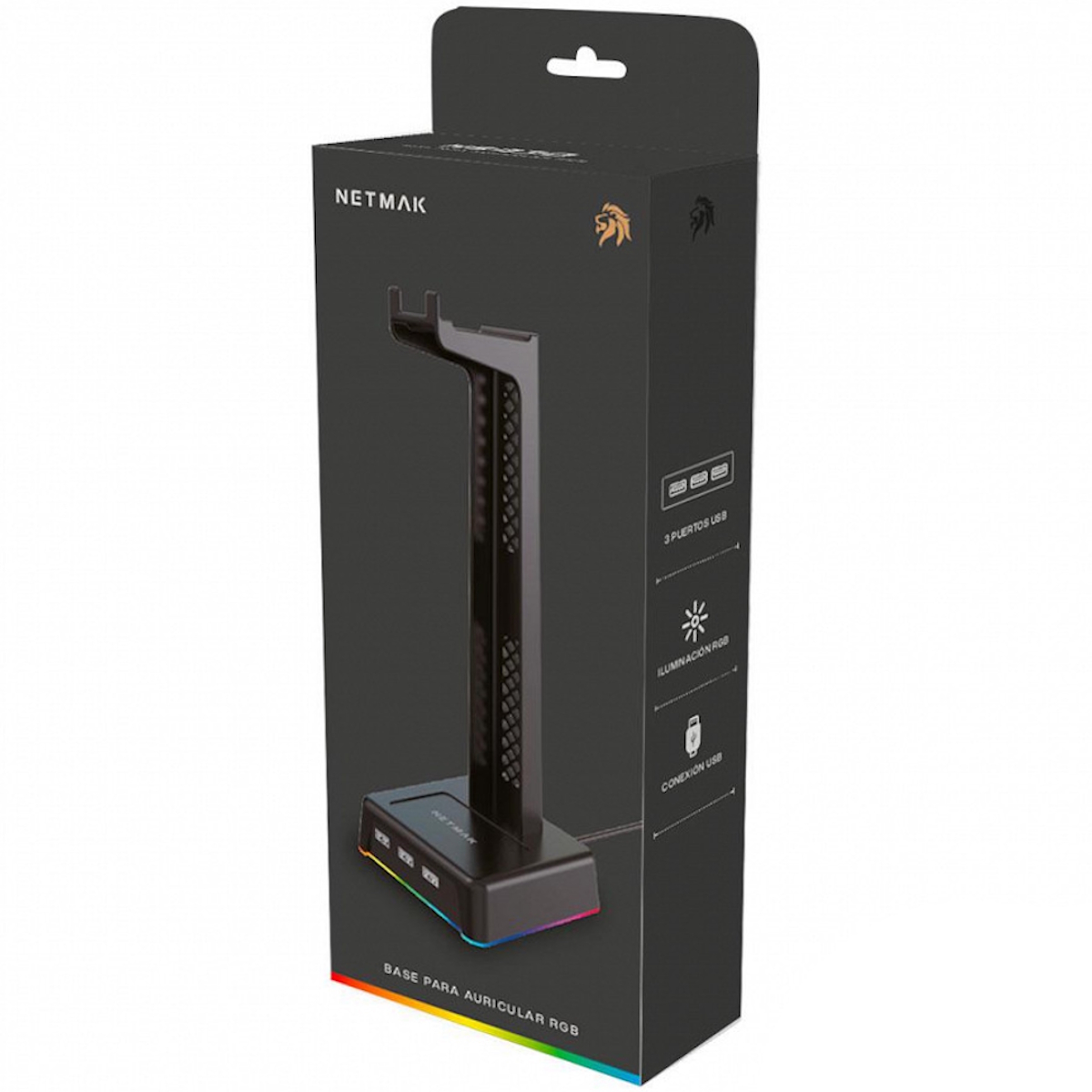 Soporte Auricular RGB + 3 Puertos USB Negro NM-HS430 Netmak