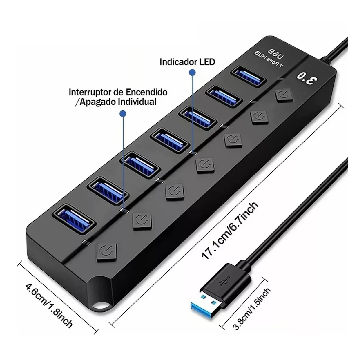 Hub USB 3.0 7 Puertos C/ Tecla + Fuente Belsic