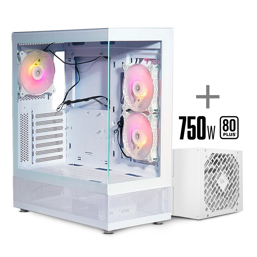 Gabinete Gamer Mid Tower 930W ARGB Blanco + Fuente 750W 80 Plus Bronze Solarmax