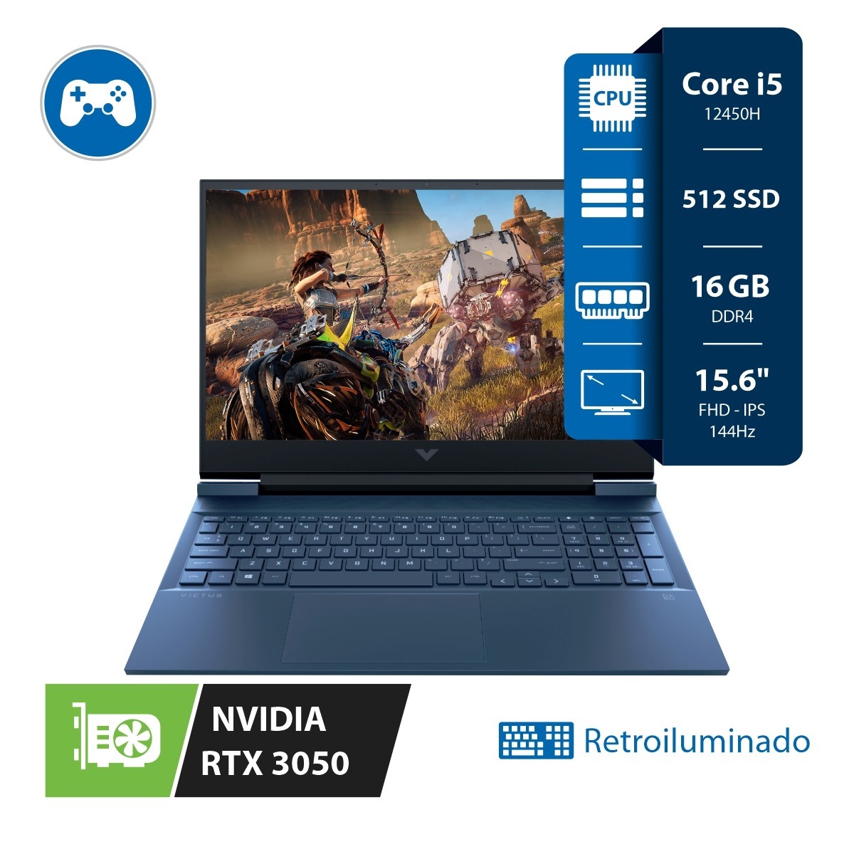 Notebook HP Victus Gamer - I5 12450H - 16GB - 512SSD - Rtx 3050 4Gb - 15.6" FHD 144Hz - Teclado retroiluminado + W11