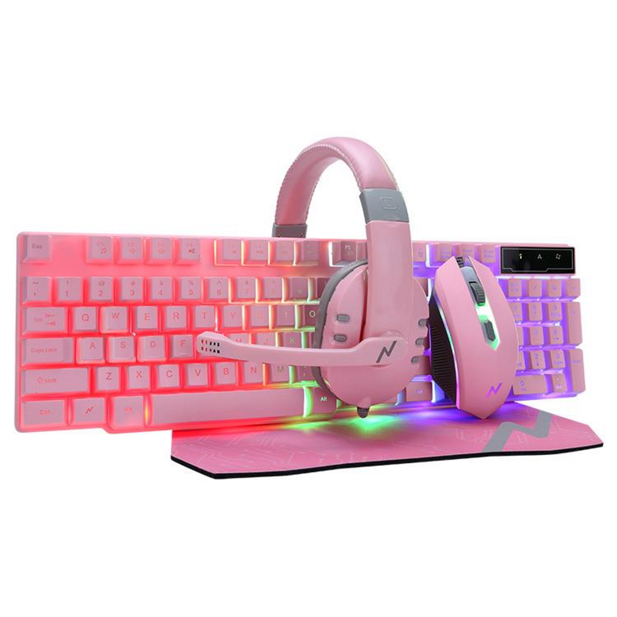 Kit Teclado Mouse MousePad Auriculares Gamer NKB-411 Rosa Noga