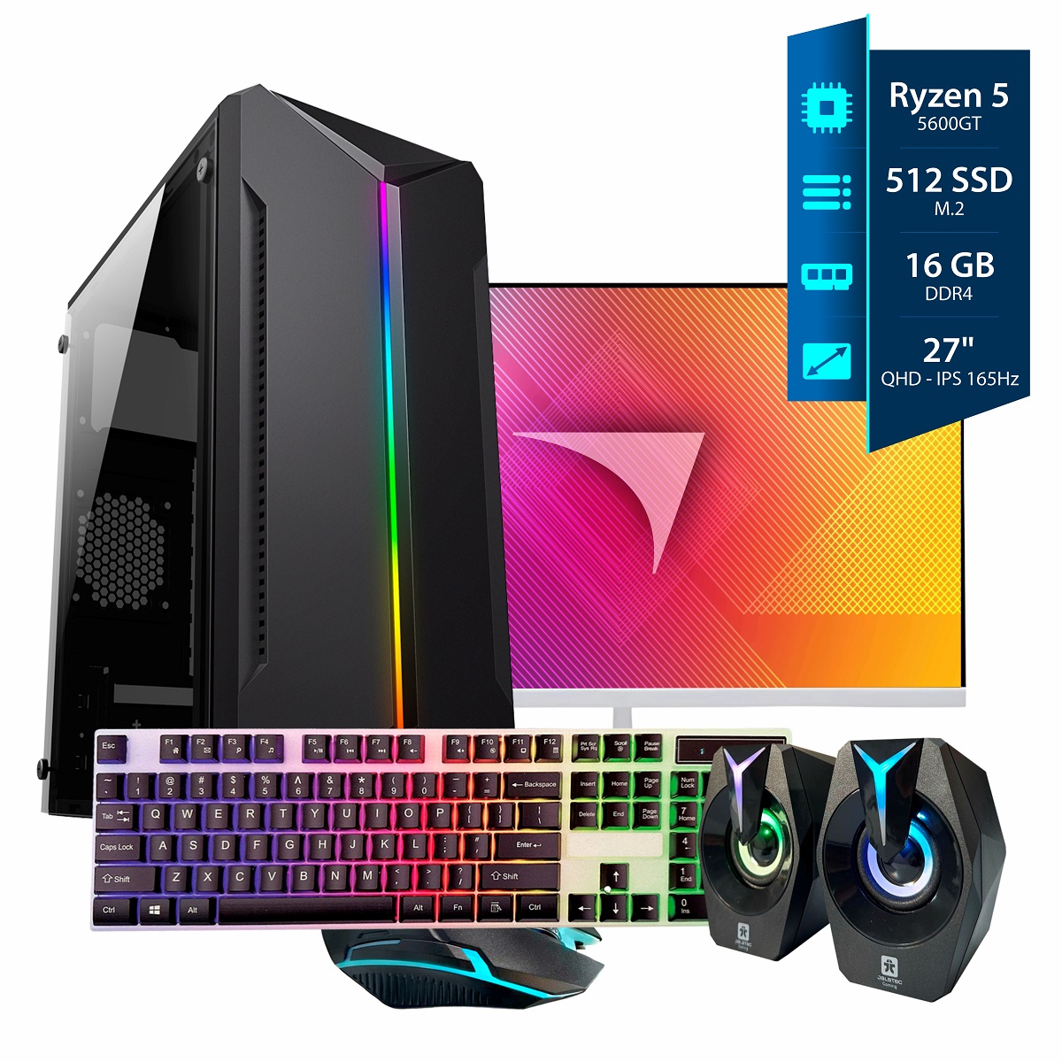 Computadora Gamer Ryzen 5 - 16GB - 512SSD - Gab.K80 - Monitor 27 165Hz Blanco Solarmax