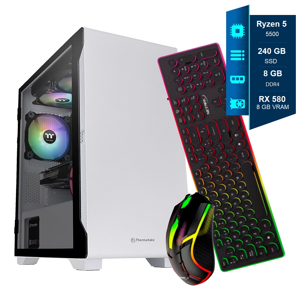 Pc Armada Ryzen 5 - 8GB - SSD 240GB - RX 580 8GB - Gabinete Blanco S100TG Thermaltake