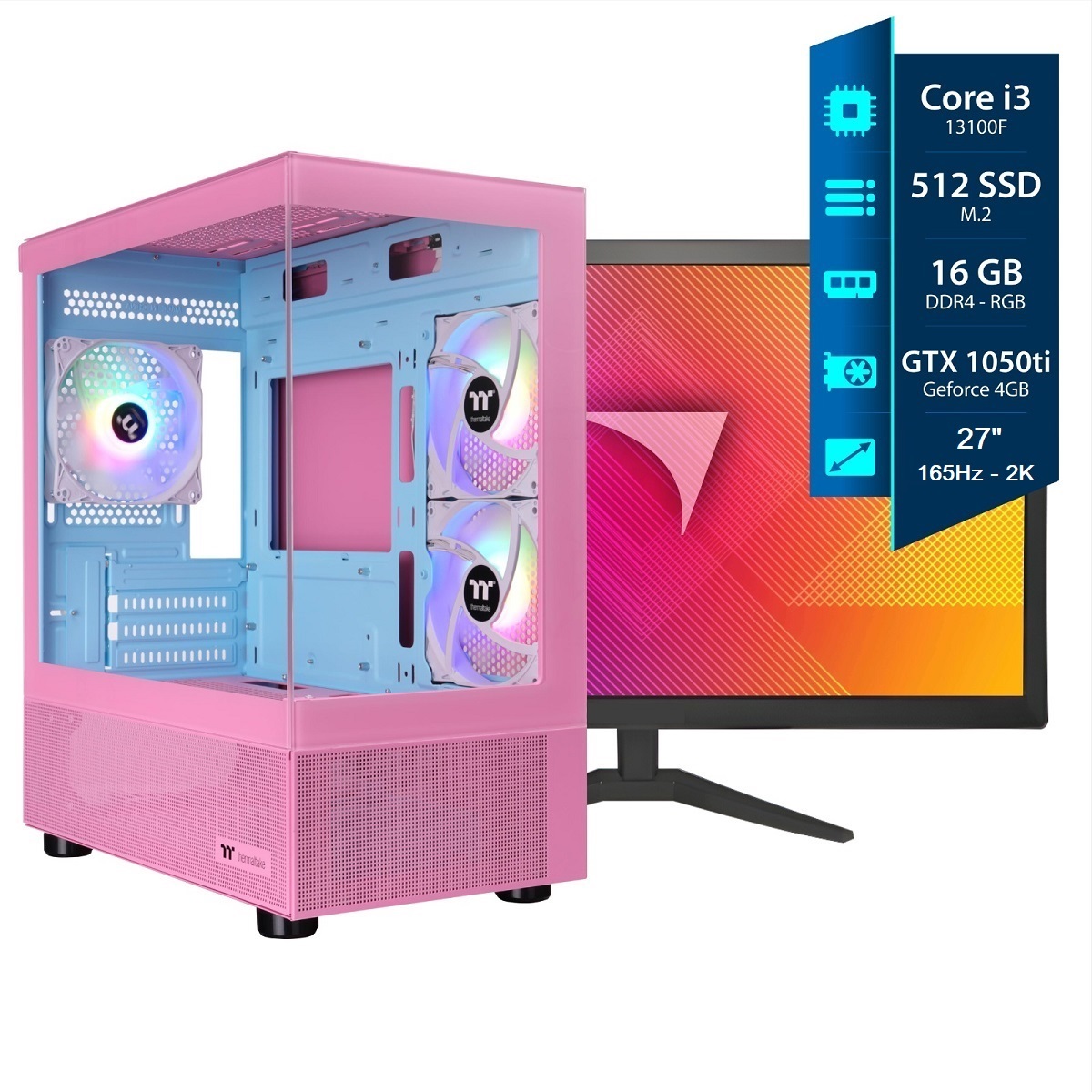 Computadora Gamer I3 - 16GB RGB - 512 M.2 - GTX 1050 TI - Gab. View 170 - Mon. 165Hz 2K Solarmax 27